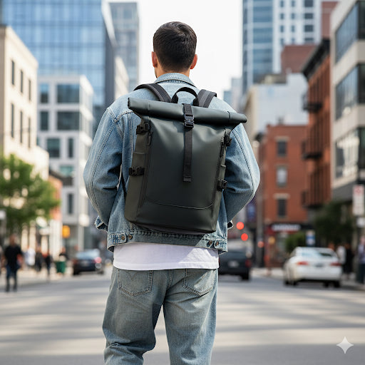 Unisex Roll-Top Travel Backpack – Waterproof Leather-Film, Fits 16-inch Laptops