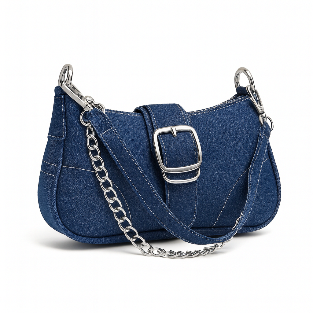 Denim Chain Shoulder Bag – Small Crossbody (Blue / Black)