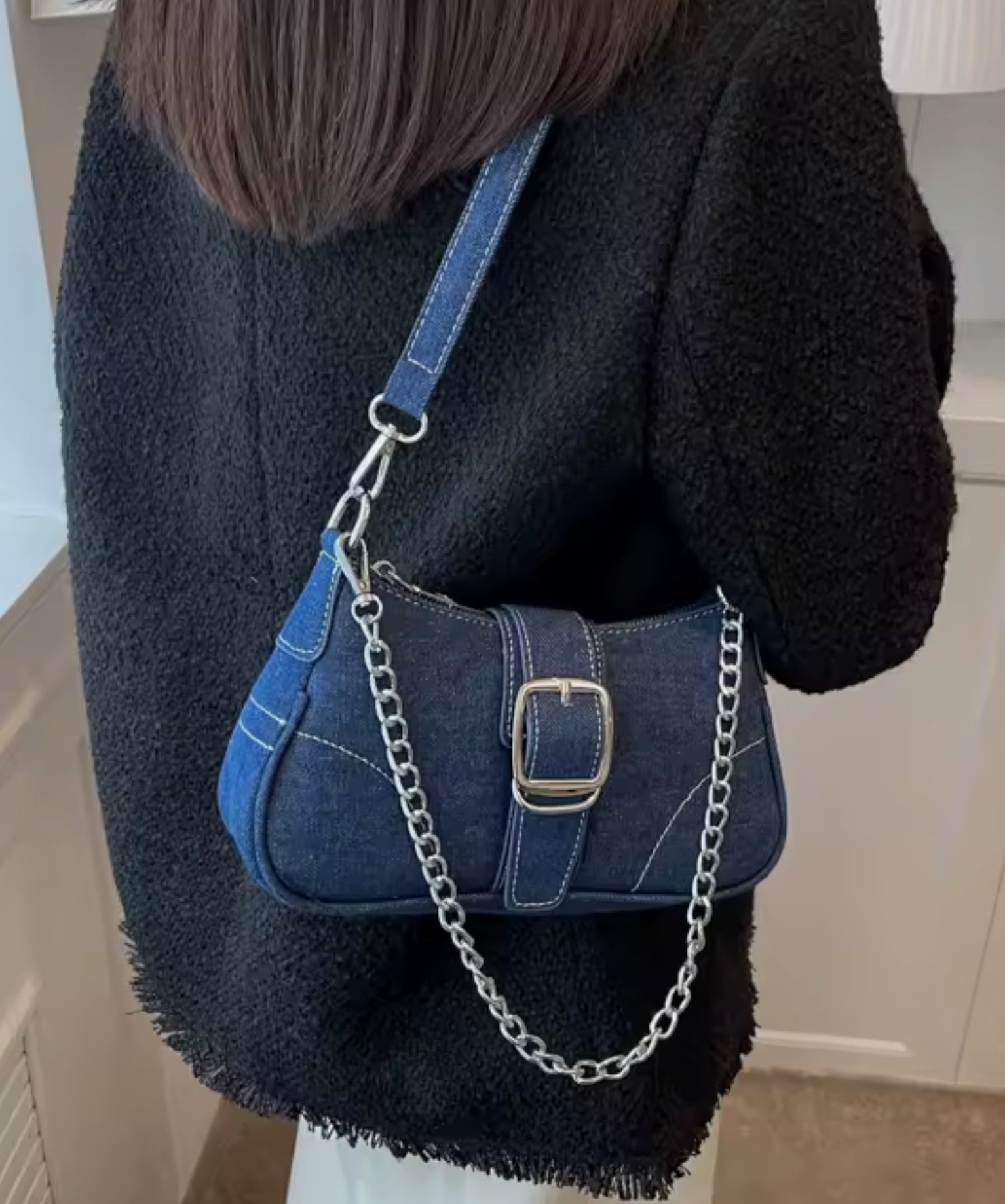 Denim Chain Shoulder Bag – Small Crossbody (Blue / Black)