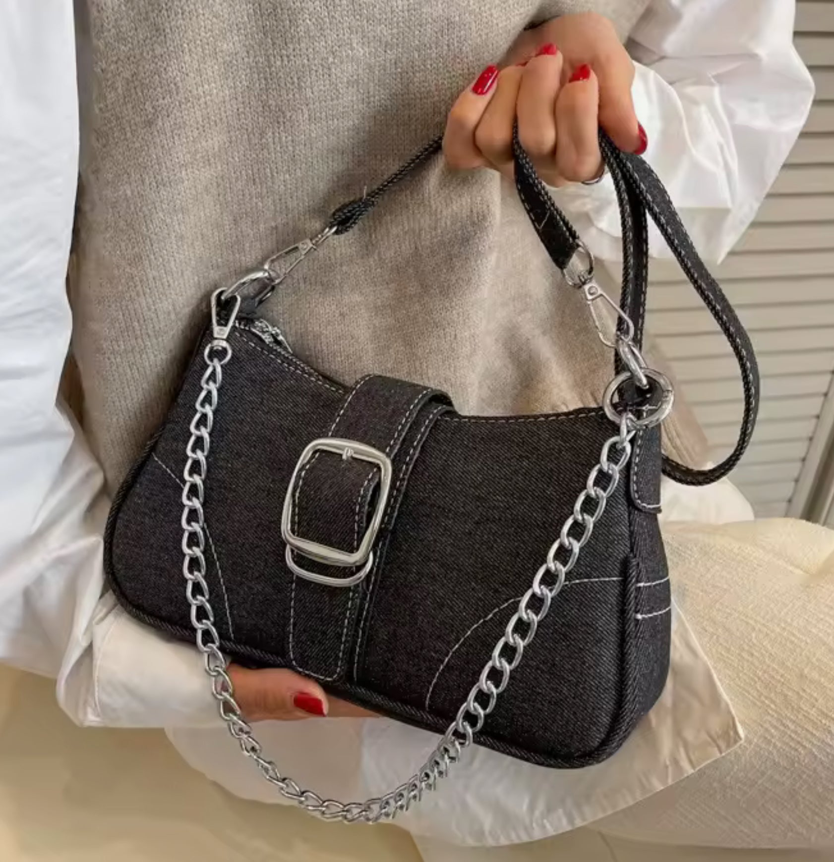 Denim Chain Shoulder Bag – Small Crossbody (Blue / Black)