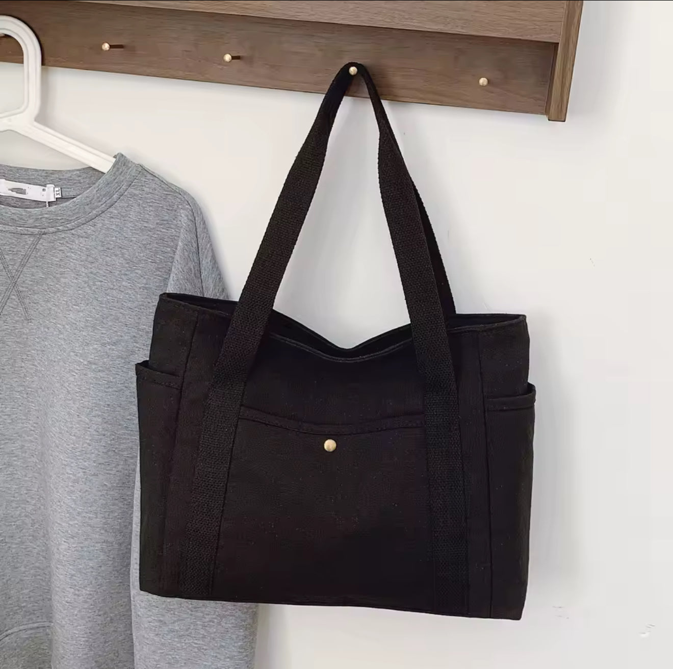 Lightweight Eco Canvas Tote Bag – Everyday Shoulder Bag (Black / Ivory)