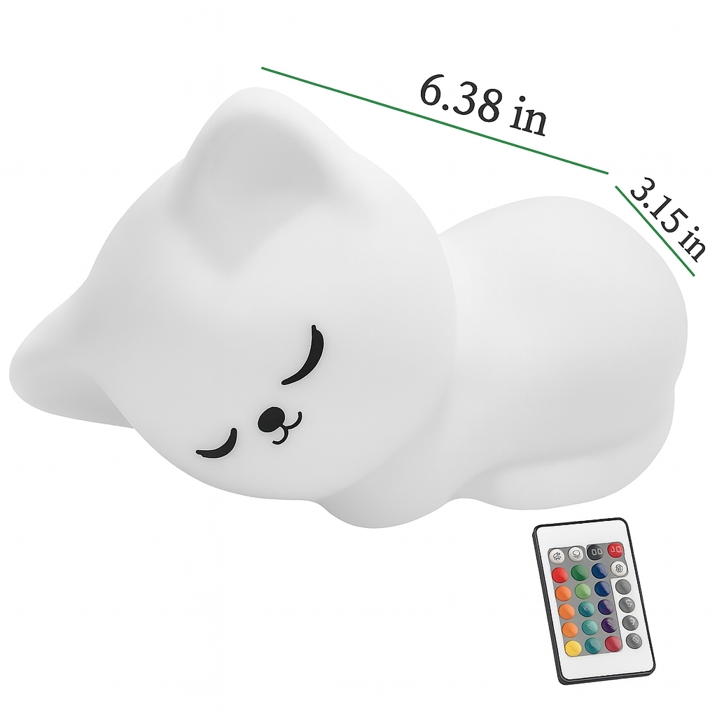 Cat Night Light – Cozy Sleeping Baby & Kids Room Lamp (Rechargeable & Remote Control)
(Luz de noche en forma de gato – Lámpara acogedora para bebé, recargable con control remoto)