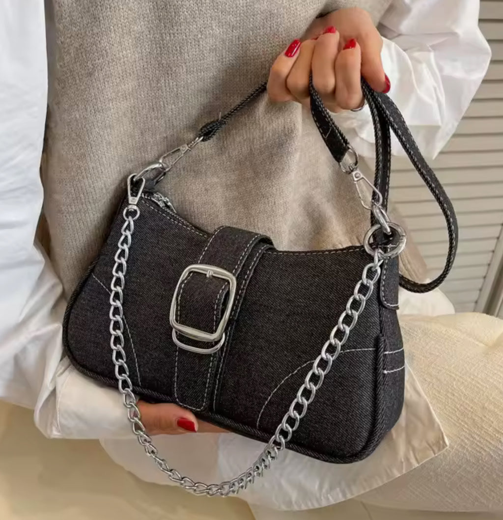 Denim Chain Shoulder Bag – Small Crossbody (Blue / Black)